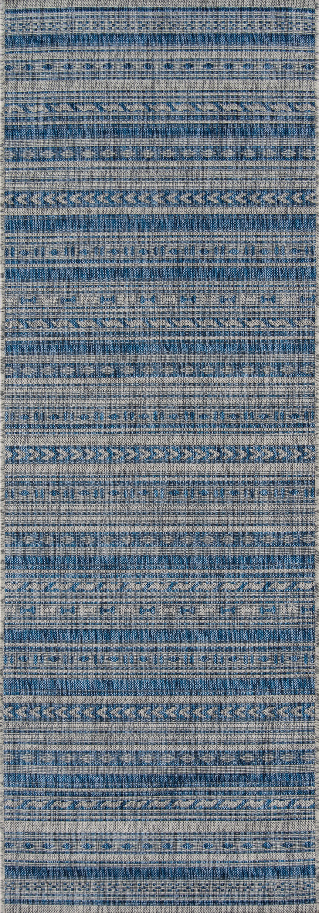 Blue woven rug with tonal horizontal stripes and textured bands in light and dark blue tones.