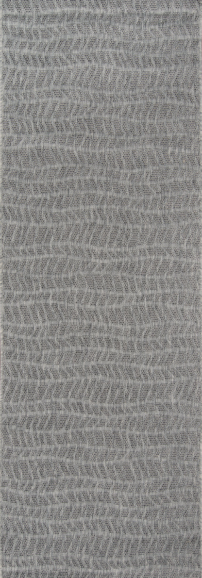 Gray textured rug runner with a subtle wavy chevron pattern and knit-like surface, 2' x 6'.