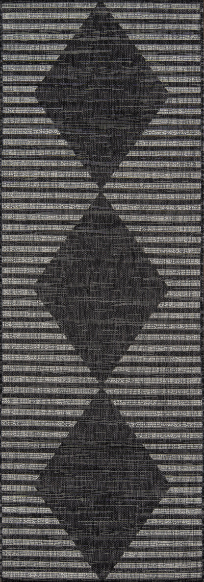 Long woven rug with alternating light gray and charcoal stripes; three centered black diamonds create a geometric runner.