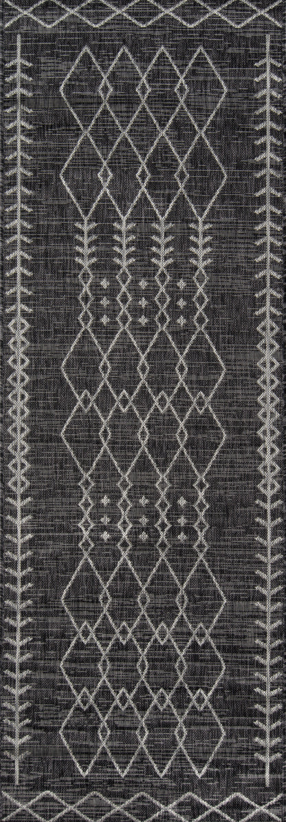 Charcoal runner with white diamond lattice pattern and vertical edge border motifs along length.