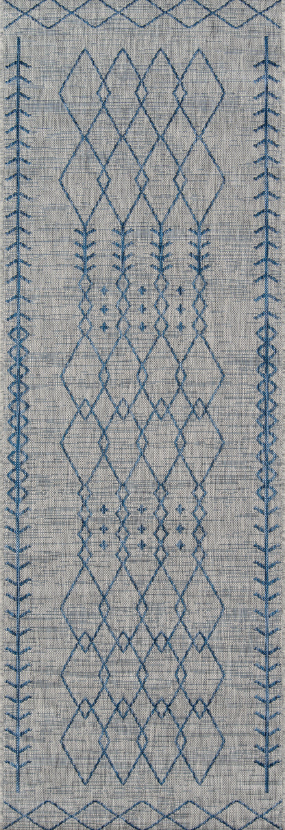 Gray woven linen rug with blue geometric diamond lattice embroidery and stitched side borders; 5' x 8'.