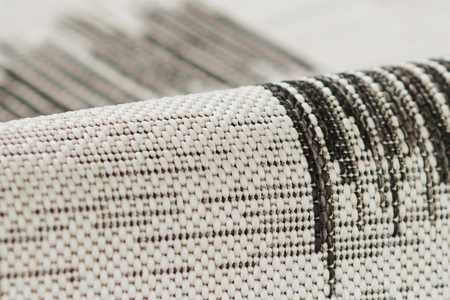 Close-up of woven beige and ivory rug with a bold black stripe; textured, rustic-modern textile.