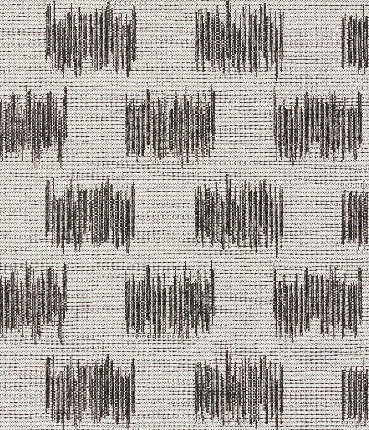 Ivory rug with repeating charcoal block patterns and vertical stripe clusters reminiscent of soundwave motifs.