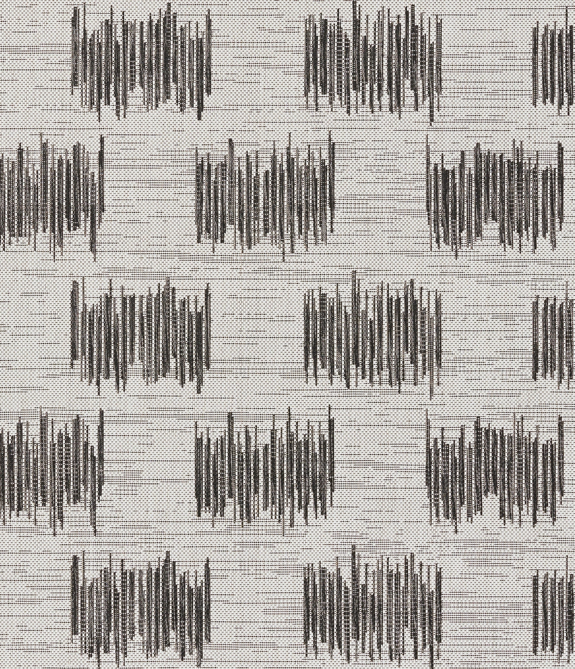 Repeating grid of dense charcoal vertical stitches on light gray heather rug, a woven 2' x 6' runner.