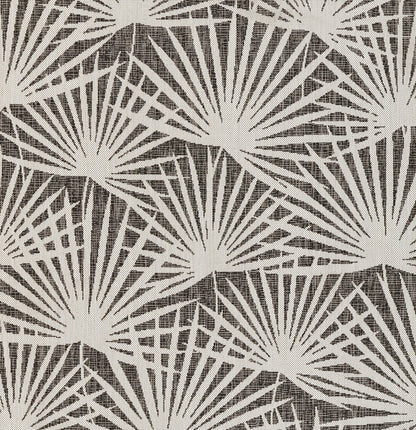 Beige palm-leaf starburst pattern on dark background & linen-like textured fabric; tropical retro print.