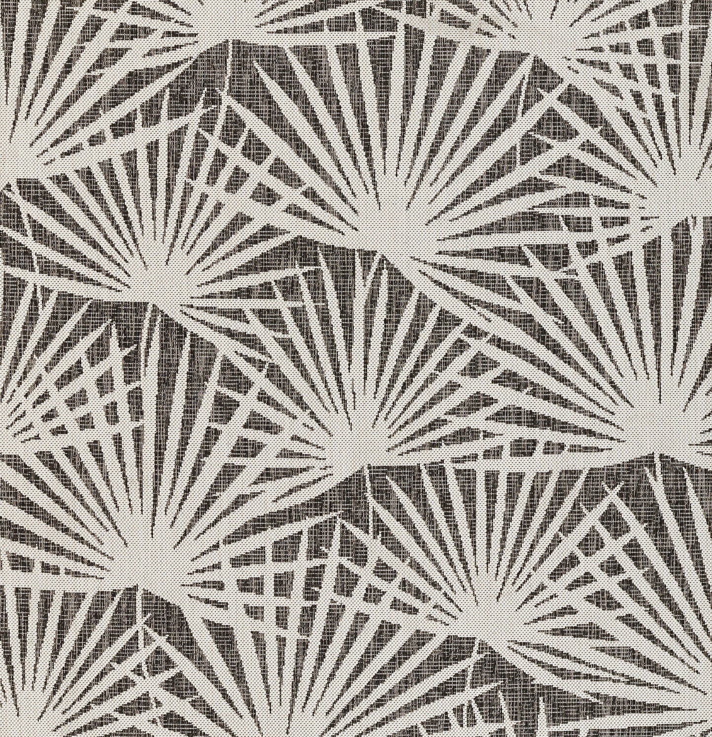 Beige starburst palm-leaf pattern on dark brown woven rug runner; 3' x 8'.