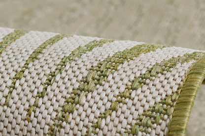 Beige woven rug with olive-green stripes, chunky texture, rolled edge, 4' x 6'.