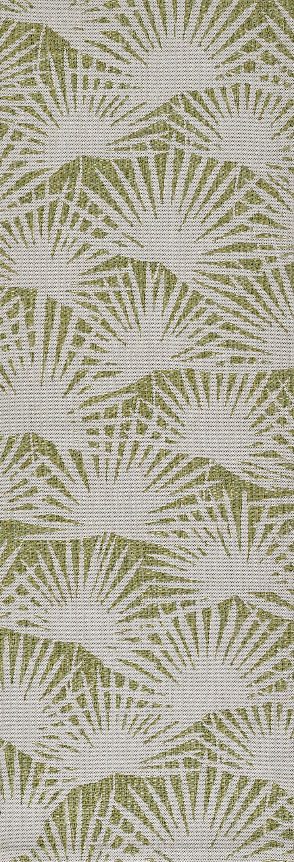 Cream sunburst motifs on an olive-green background; a repeating geometric rug pattern.