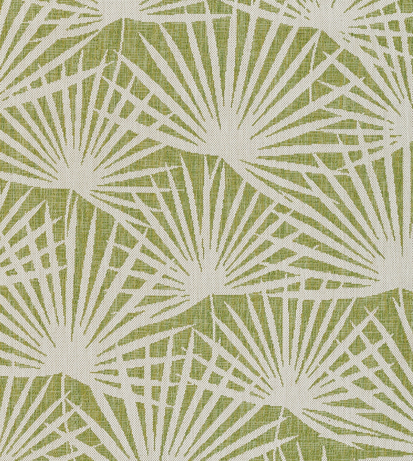 Olive-green rug with cream palm-leaf sunburst geometric pattern, tropical print
