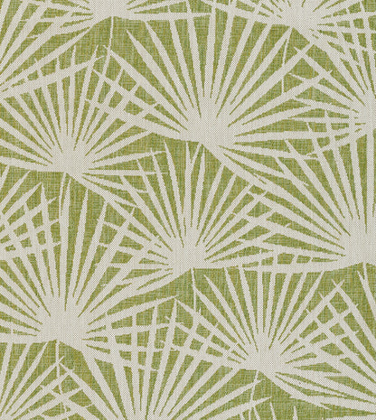 Olive green linen-look rug with beige sunburst radiating patterns; mid-century geometric design.