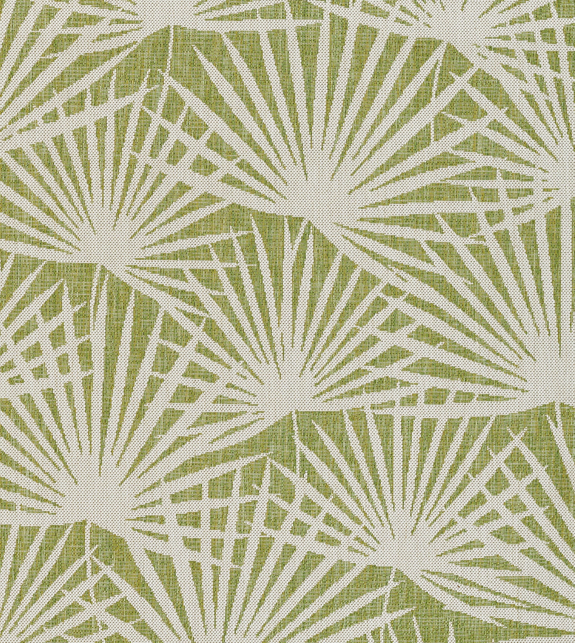 Olive green radial starburst palm-leaf pattern on beige textile fabric.