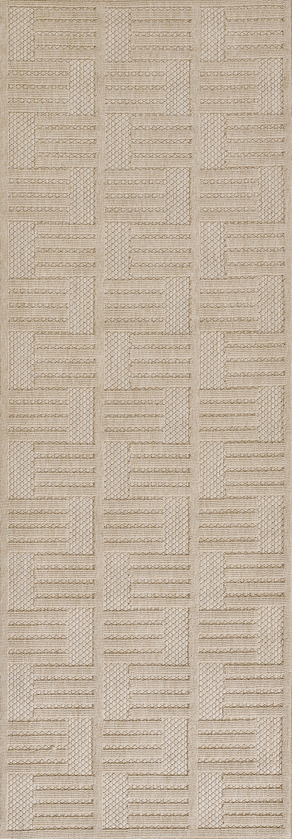 Beige woven fabric with a rectangular basket-weave pattern; natural fiber look, ideal for upholstery or wallpaper.