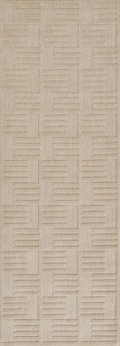 Beige rug with a woven, rectangular basket-weave pattern.