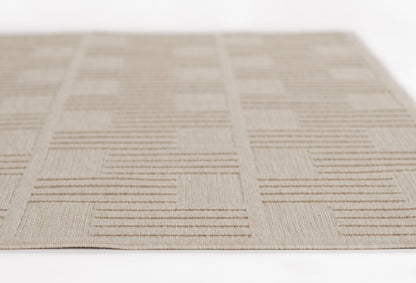 Beige flat-weave rug with geometric rectangular stripe blocks and textured surface.