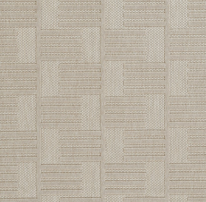 Beige geometric textured tile and wallpaper pattern with interlocking rectangular blocks and striped details.
