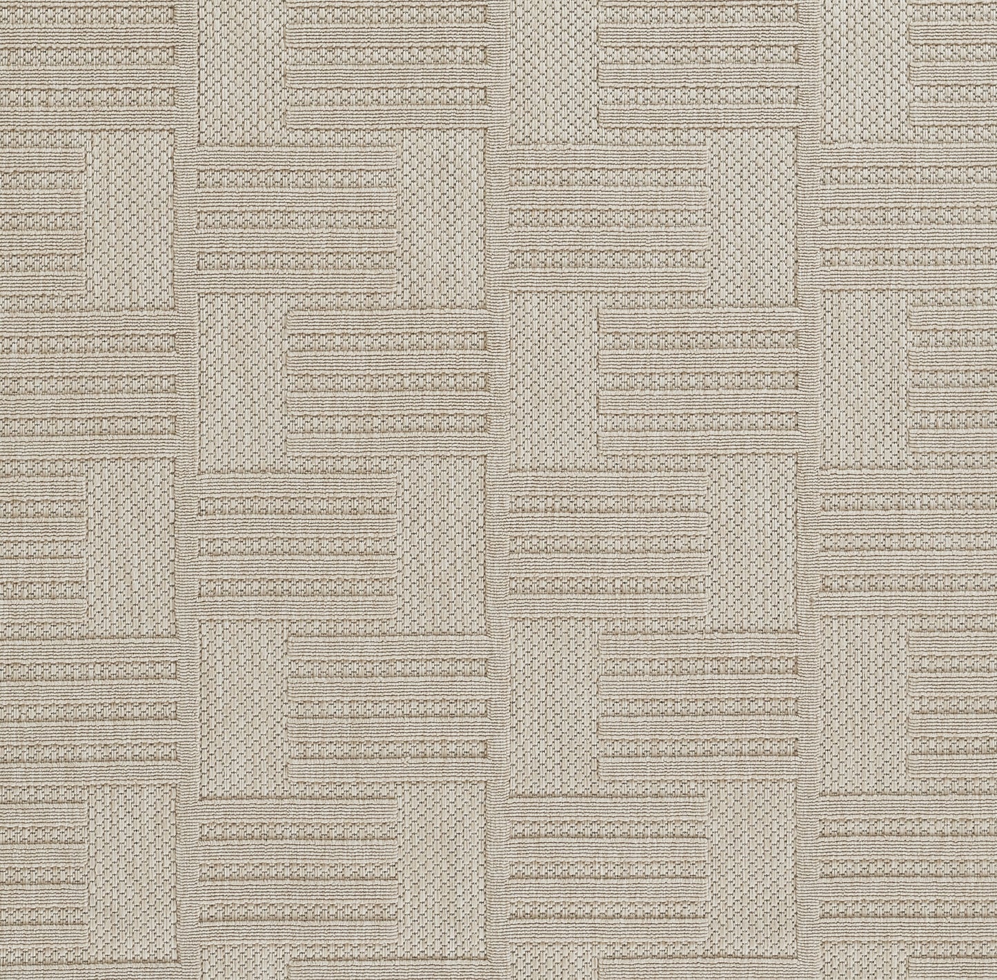 Beige woven textile with interlocking rectangular blocks, horizontal stripes and subtle dotted textures.
