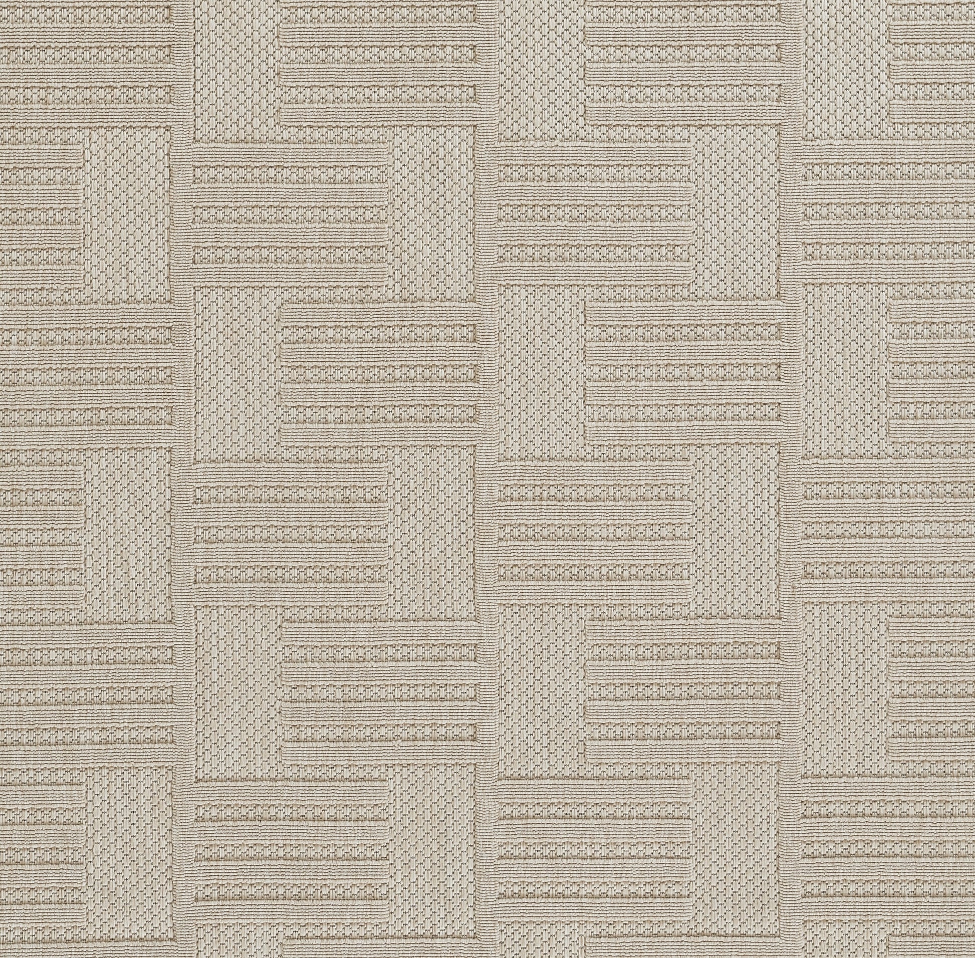 Beige woven geometric rug with interlocking rectangles and stripe textures.
