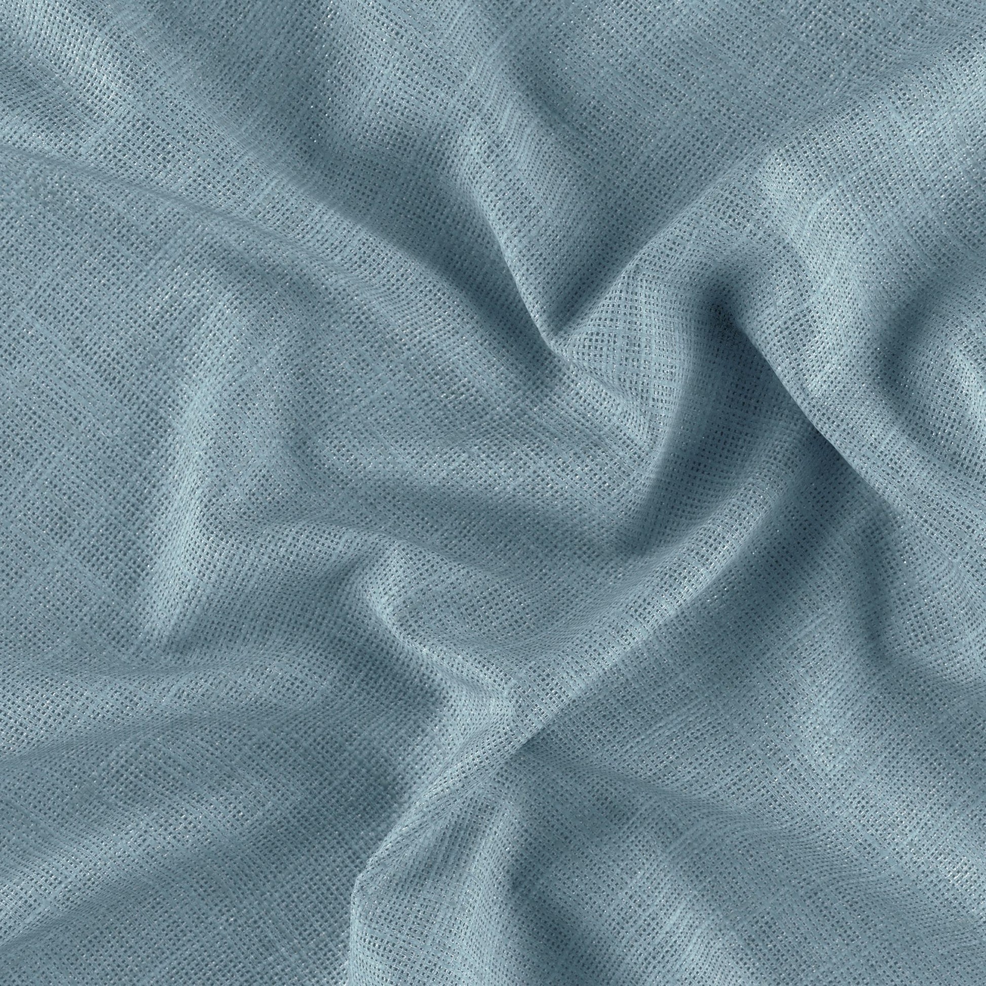 Close-up of metallic woven fabric in blue, teal and silver tones, showing the textured weave and subtle folds.