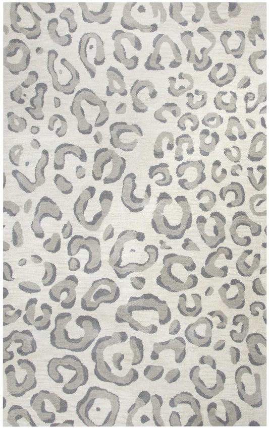 Rug with gray leopard print pattern on a white background