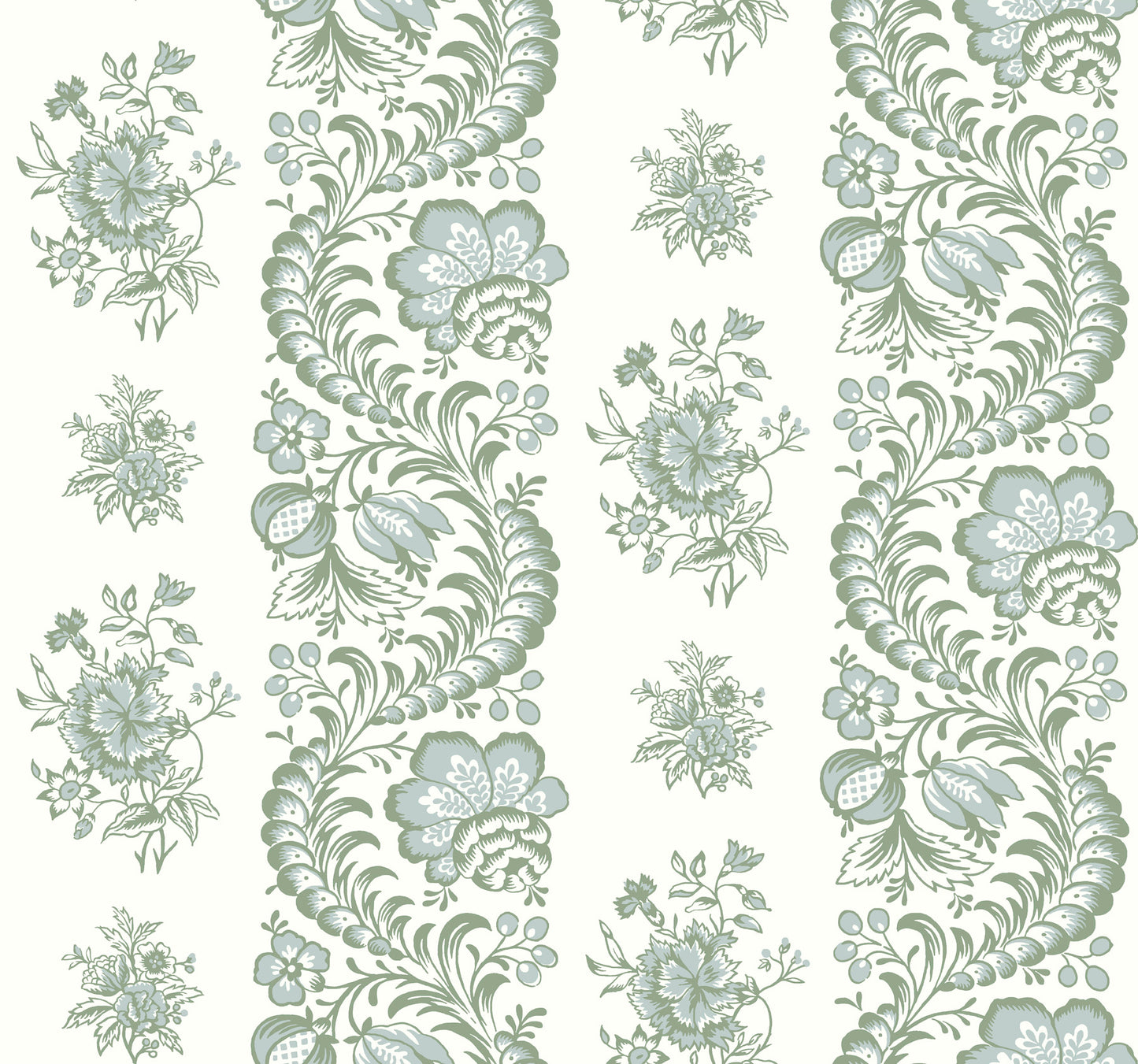 Floral stripe wallpaper in sage green on cream with scrolling vines and blossoms.