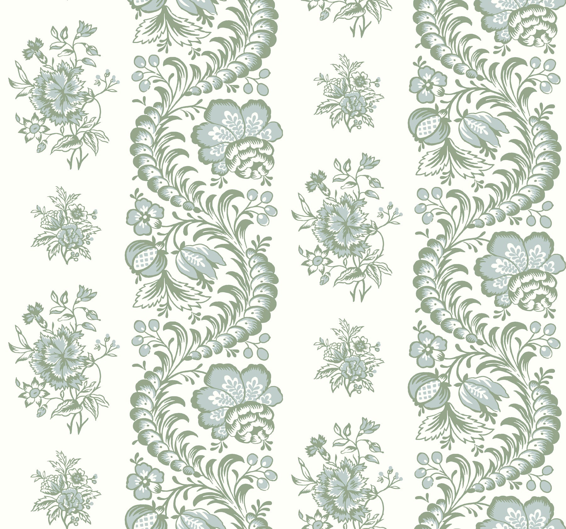 Floral stripe wallpaper in sage green on cream with scrolling vines and blossoms.