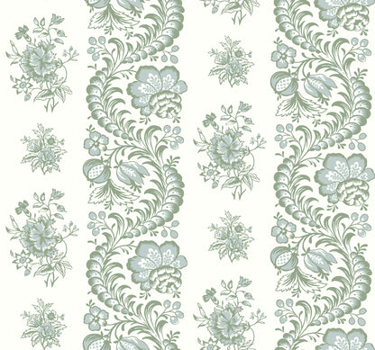 Floral stripe wallpaper in sage green on cream with scrolling vines and blossoms.