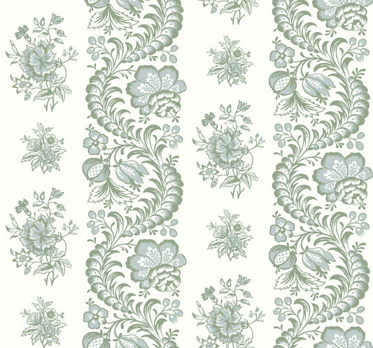 York Wallcoverings Antonina Vella Beaumont Green Floral Stripe Wallpaper Botanical Kitchen & Bath Green  Wallpaper - VP1301