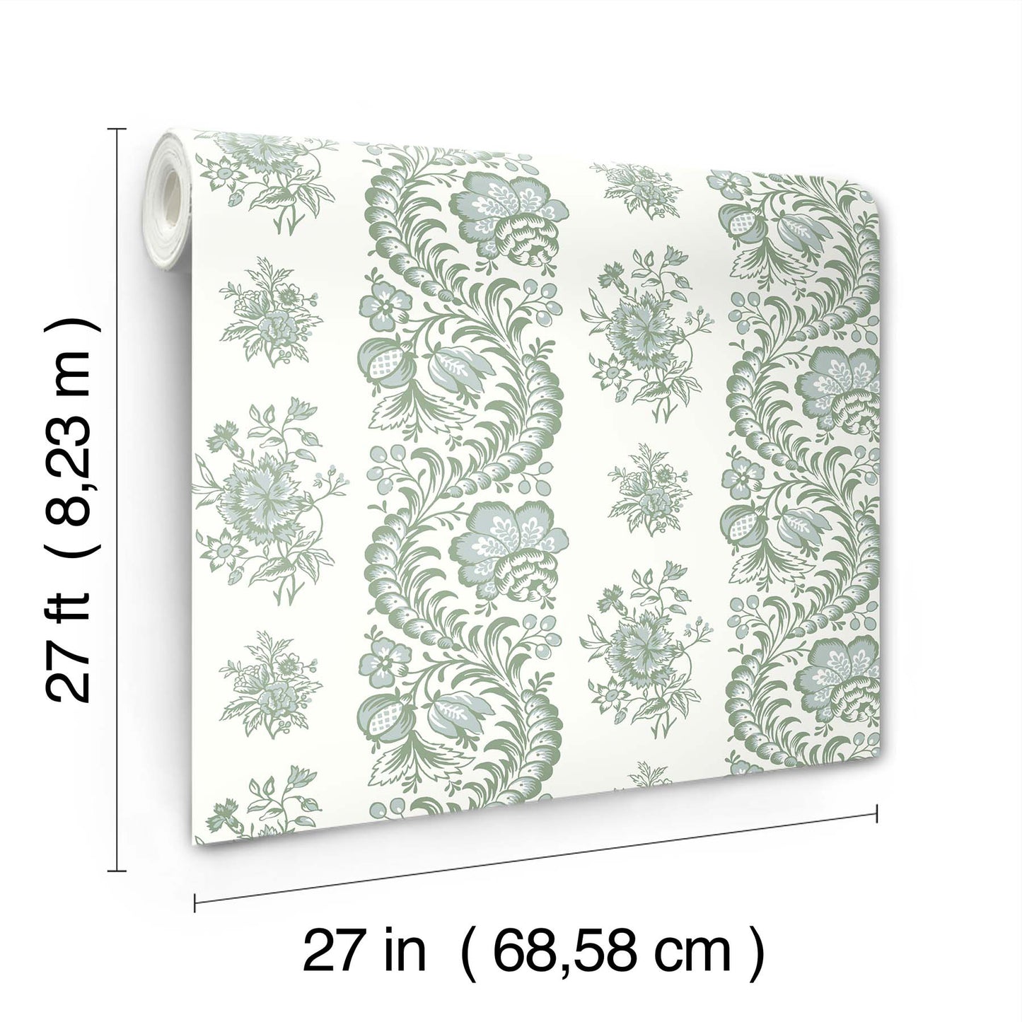 Rolled wallpaper with green floral stripe pattern on cream background; 27 in wide x 27 ft long.