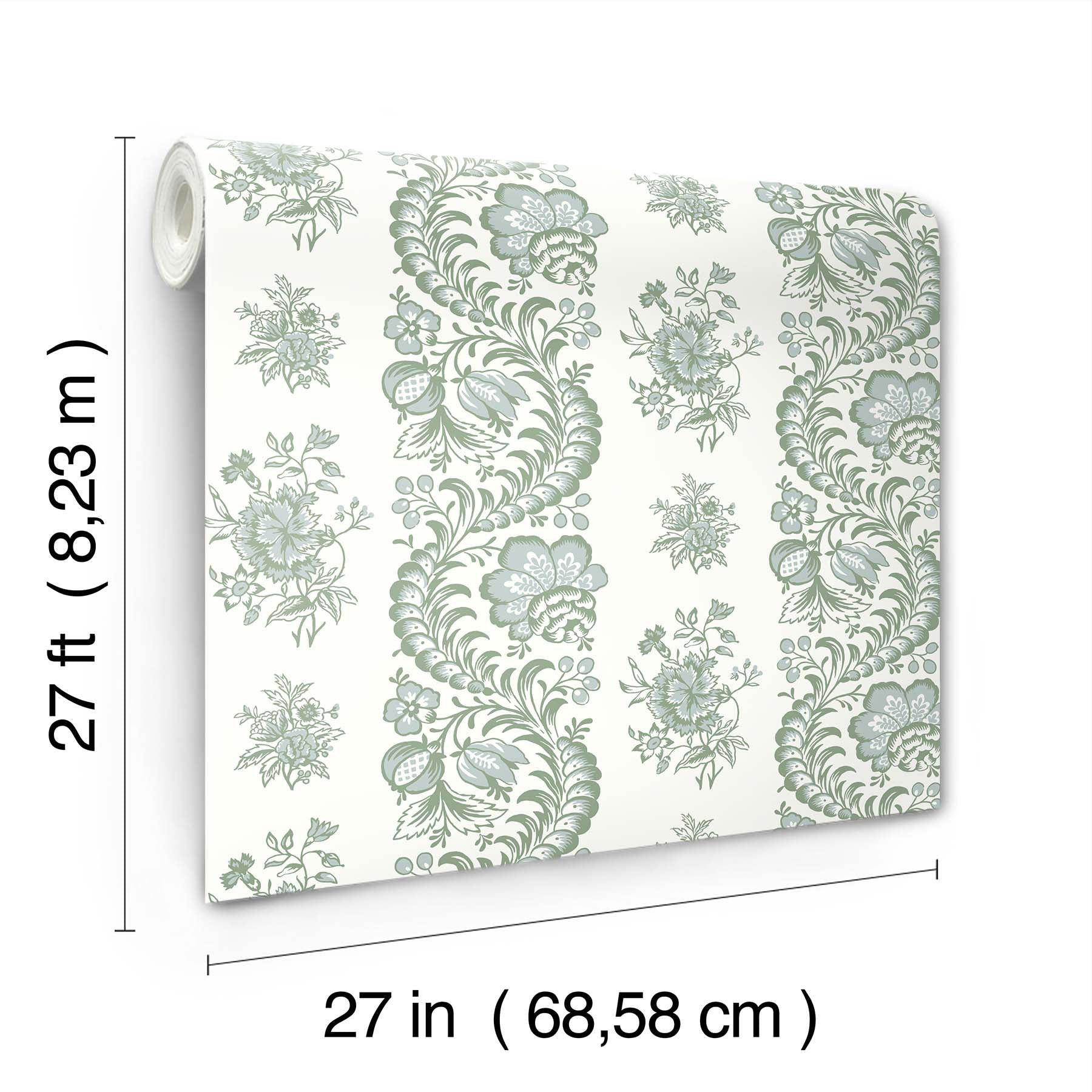 Rolled wallpaper with green floral stripe pattern on cream background; 27 in wide x 27 ft long.