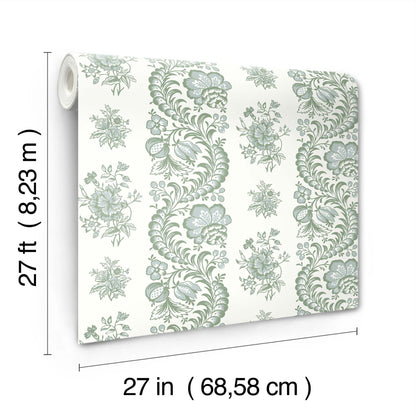 Rolled wallpaper with green floral stripe pattern on cream background; 27 in wide x 27 ft long.