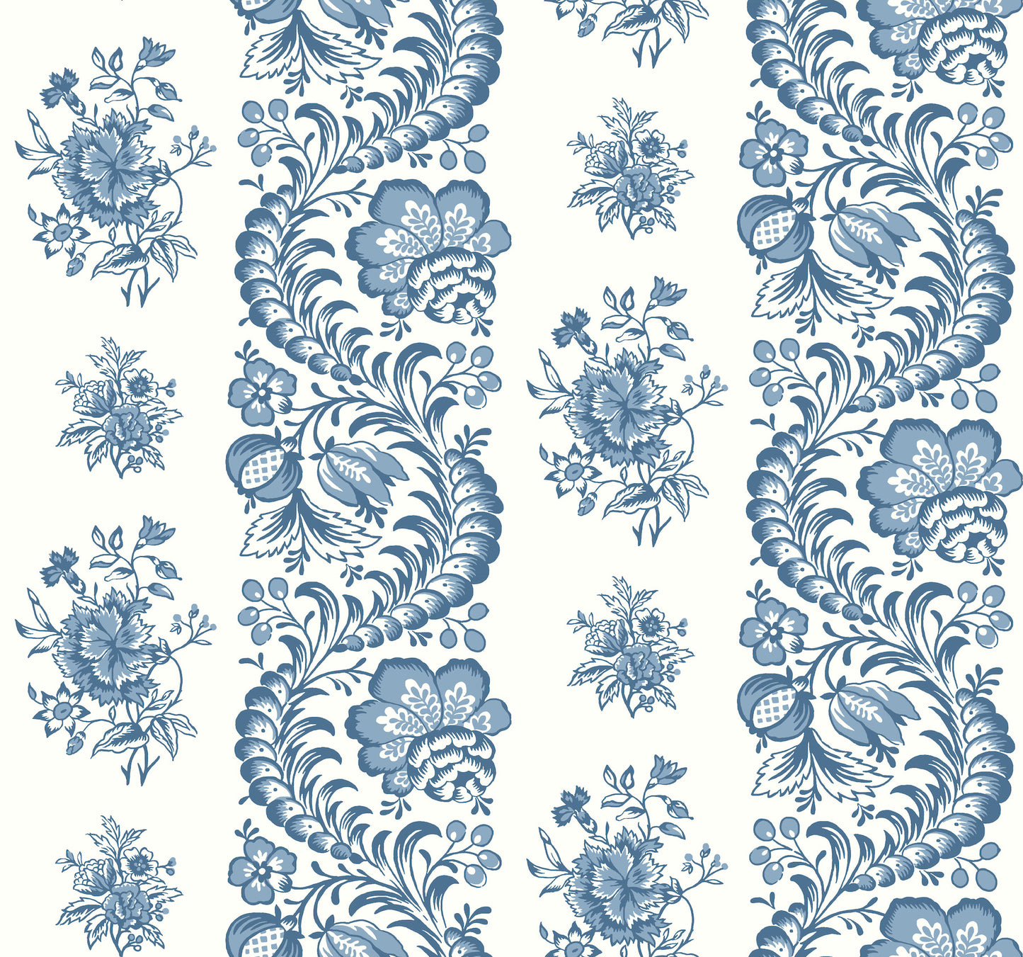 Blue and white damask floral wallpaper with ornate scrolling vines and large blossoms.