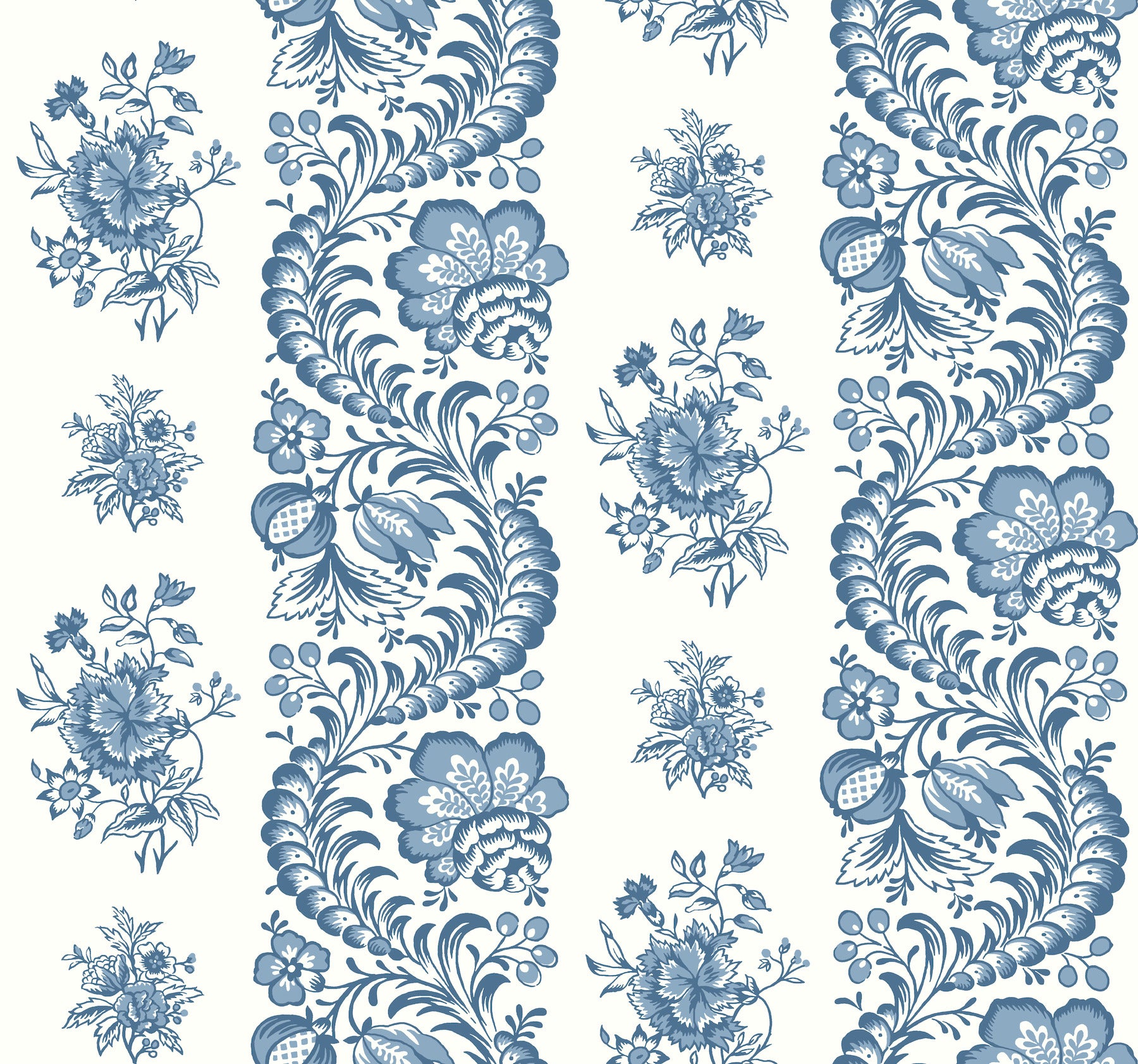 Blue and white damask floral wallpaper with ornate scrolling vines and large blossoms.