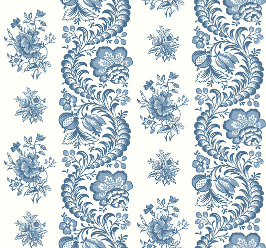 York Wallcoverings Antonina Vella Beaumont Blue Floral Stripe Wallpaper Botanical Kitchen & Bath Blue  Wallpaper - VP1302