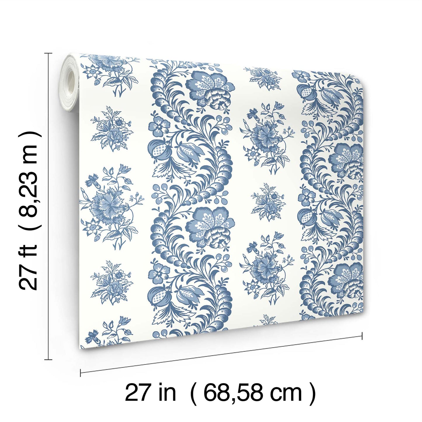 Blue floral stripe wallpaper roll, 27 in wide, rolled edge visible, decorative wall covering for interiors.