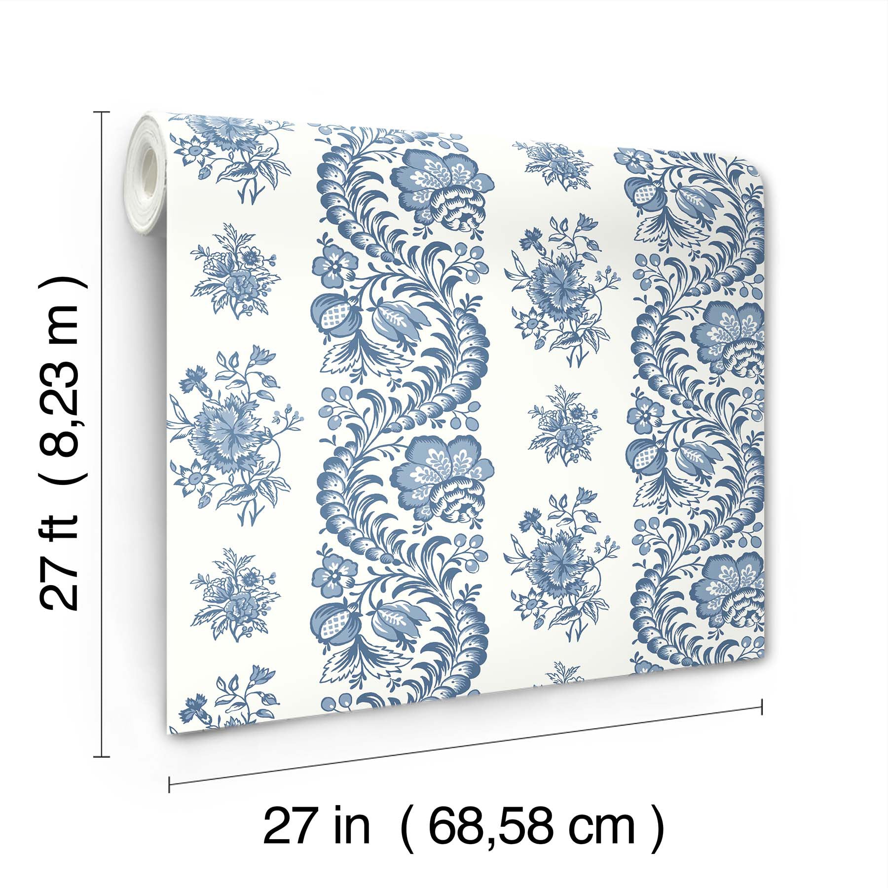 Blue floral stripe wallpaper roll, 27 in wide, rolled edge visible, decorative wall covering for interiors.
