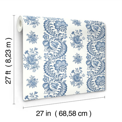 Blue floral stripe wallpaper roll, 27 in wide, rolled edge visible, decorative wall covering for interiors.