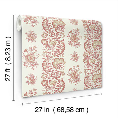 York Wallcoverings Antonina Vella Beaumont Ruby Floral Stripe Wallpaper Botanical Kitchen & Bath Ginger  Wallpaper - VP1304