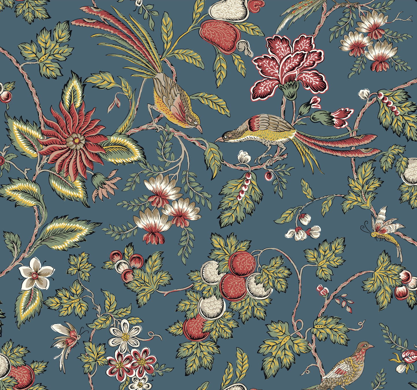 Blue wallpaper with a Jacobean-style botanical pattern featuring birds, red flowers, white blossoms and green foliage.