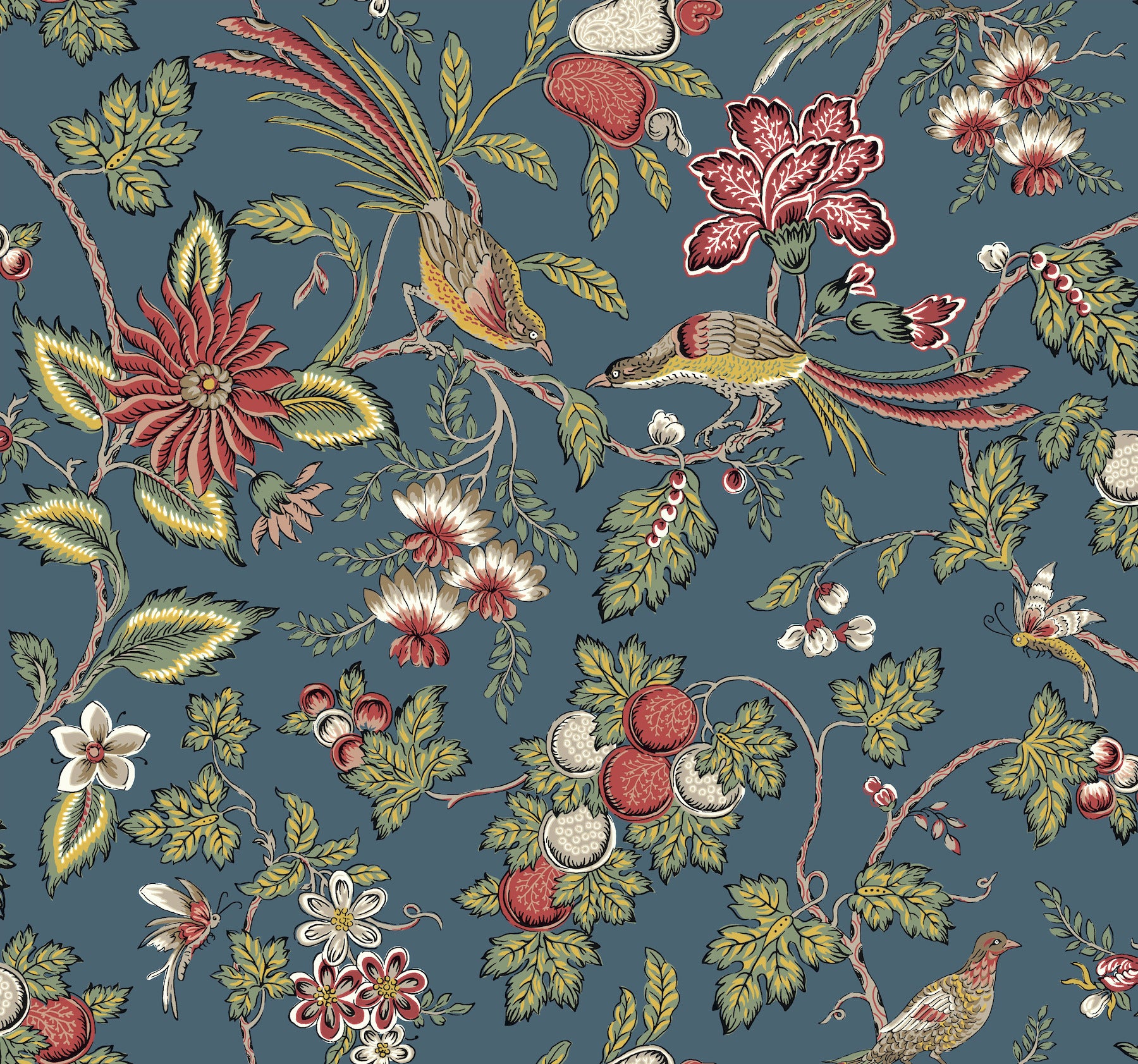 Blue wallpaper with a Jacobean-style botanical pattern featuring birds, red flowers, white blossoms and green foliage.