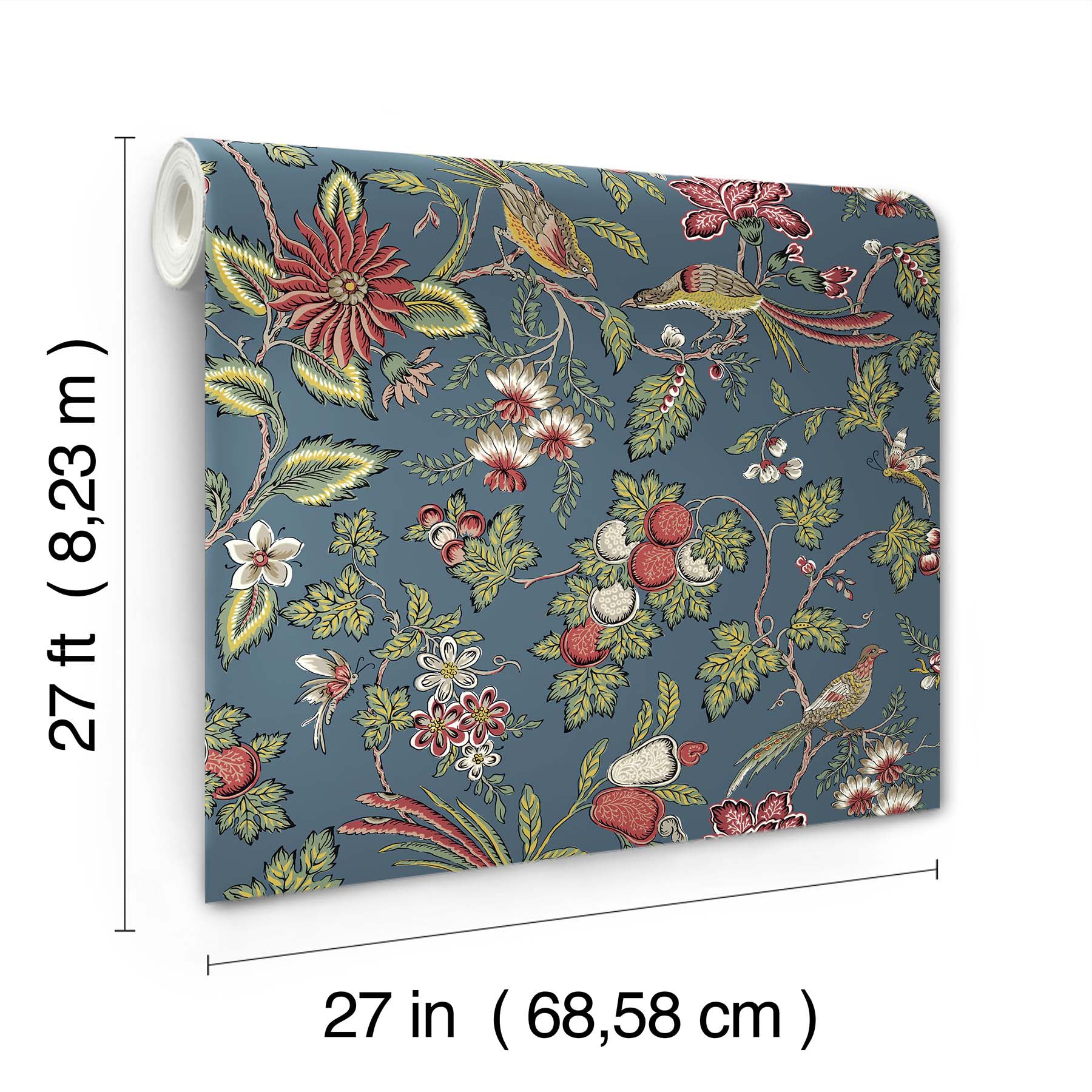 Blue-gray wallpaper with garden florals, leaves, berries and birds; rolled sample, 27 in wide by 27 ft long.