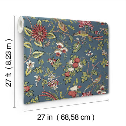 Blue-gray wallpaper with garden florals, leaves, berries and birds; rolled sample, 27 in wide by 27 ft long.