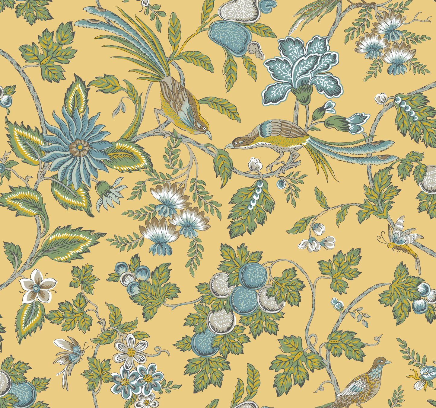 York Wallcoverings Antonina Vella Parterre Light Yellow Jacobean Wallpaper Animals Traditional Saffron  Wallpaper - VP1313