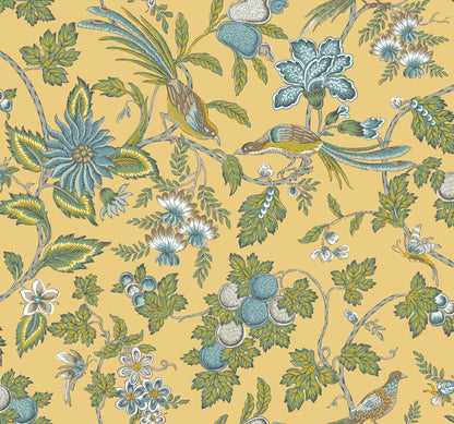 York Wallcoverings Antonina Vella Parterre Light Yellow Jacobean Wallpaper Animals Traditional Saffron  Wallpaper - VP1313