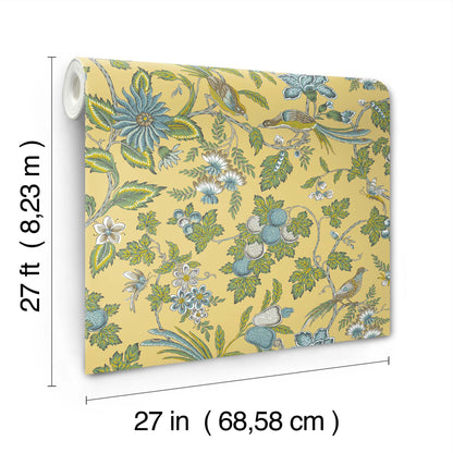 York Wallcoverings Antonina Vella Parterre Light Yellow Jacobean Wallpaper Animals Traditional Saffron  Wallpaper - VP1313