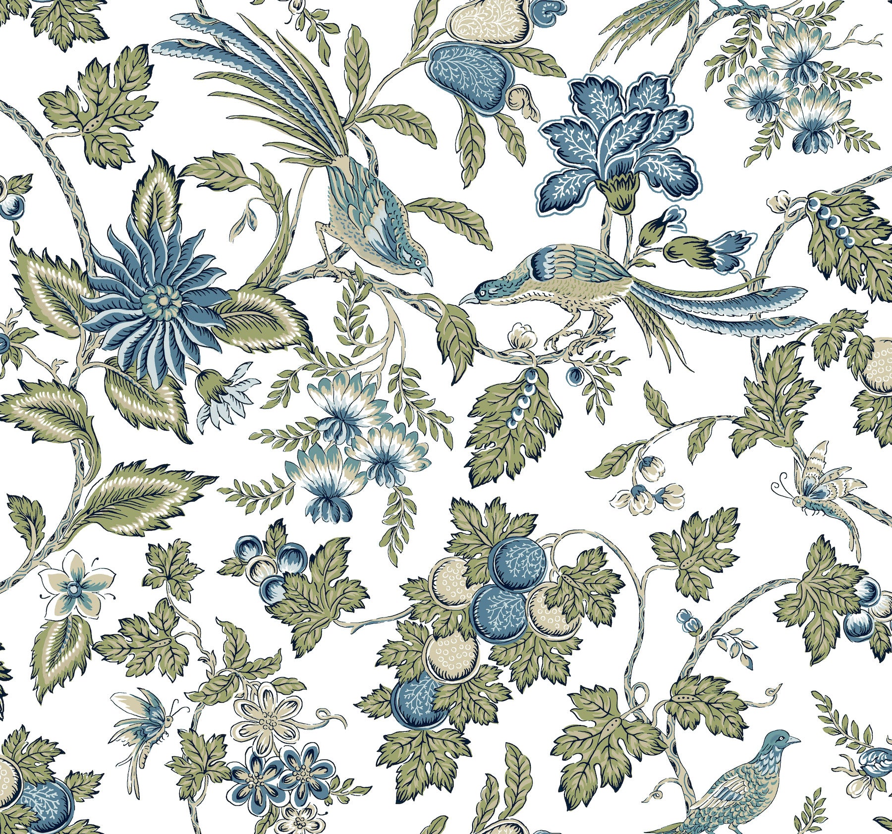 Blue & sage green floral-bird textile print with vines, blossoms & hummingbirds in vintage detailing.