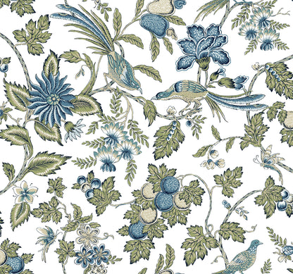 Blue & sage green floral-bird textile print with vines, blossoms & hummingbirds in vintage detailing.