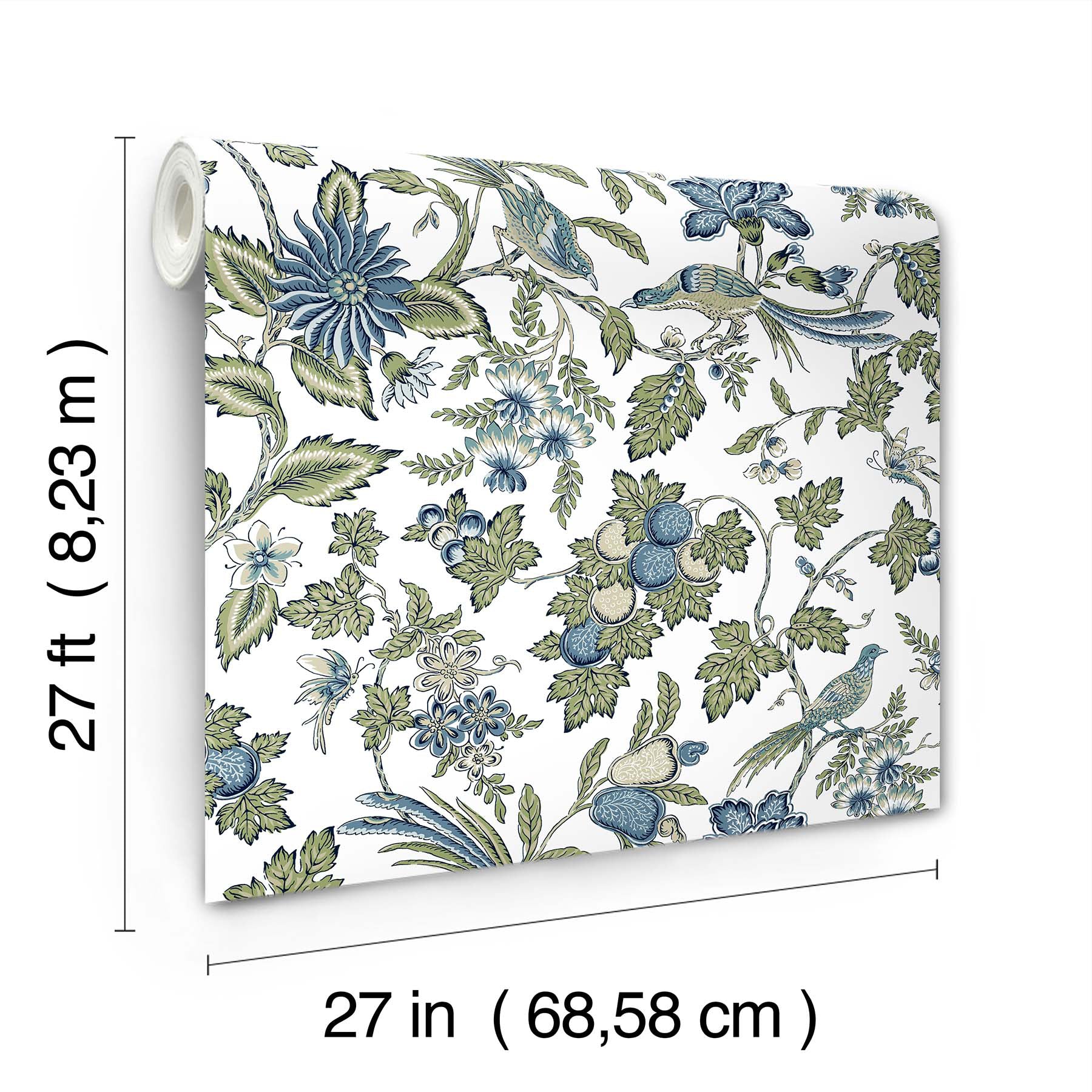 Blue-green floral wallpaper roll with botanical pattern; 27 in wide by 27 ft long.