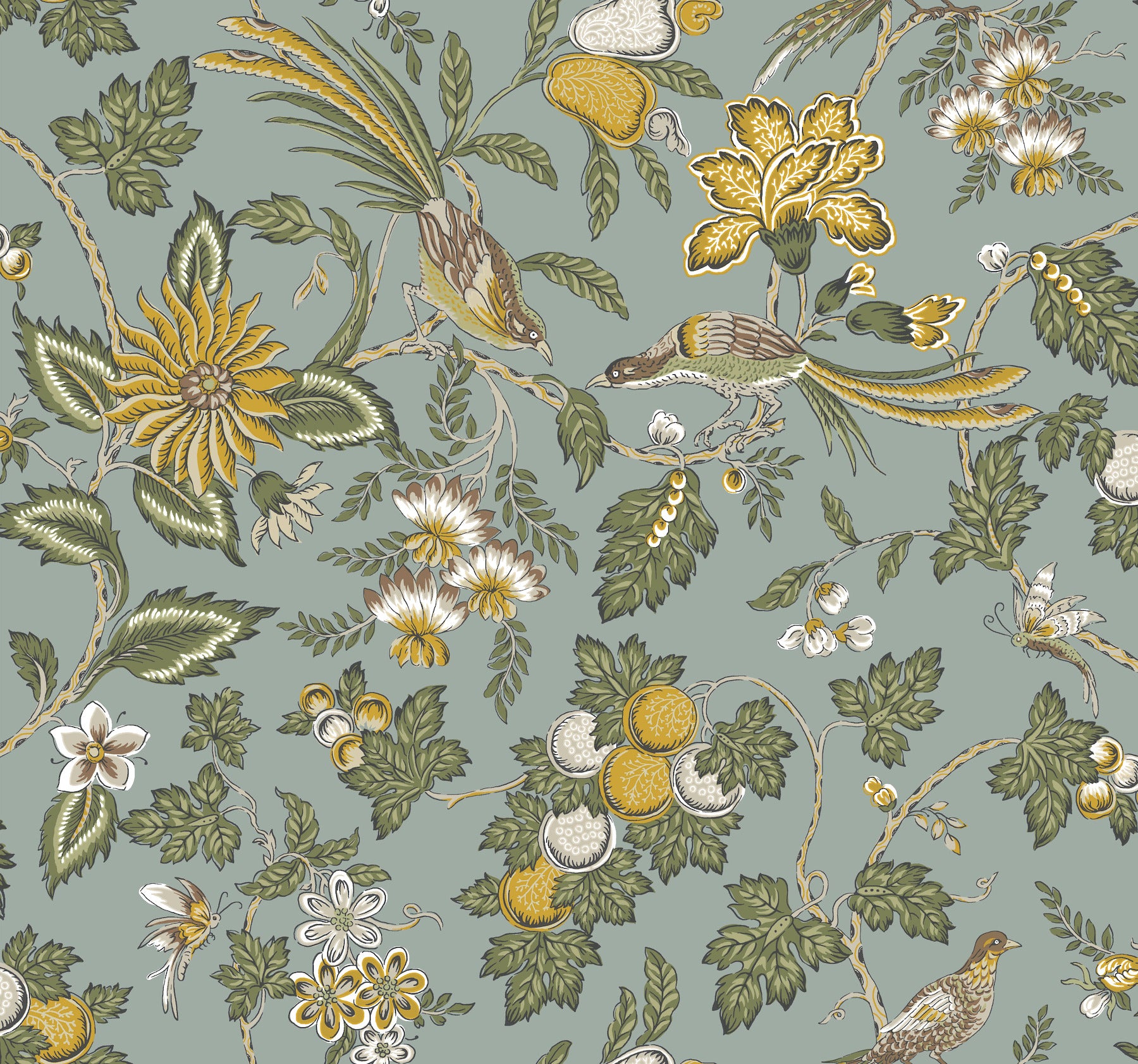 Vintage botanical wallpaper featuring green leaves, yellow blossoms and birds on a dusty blue-green background.