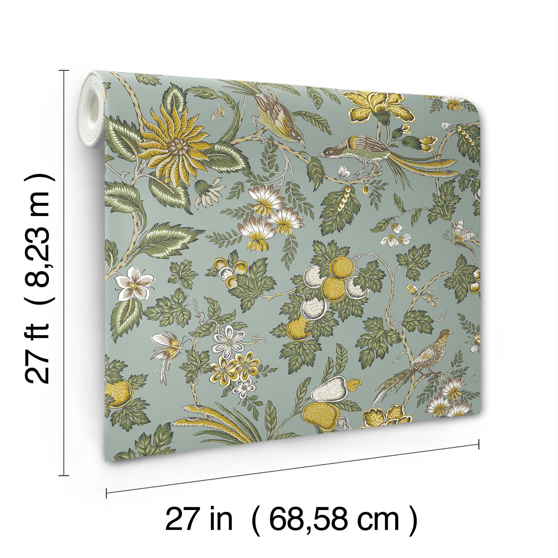 Floral botanical wallpaper on blue-green background; yellow/white flowers with green leaves; roll 27 in wide by 27 ft long.