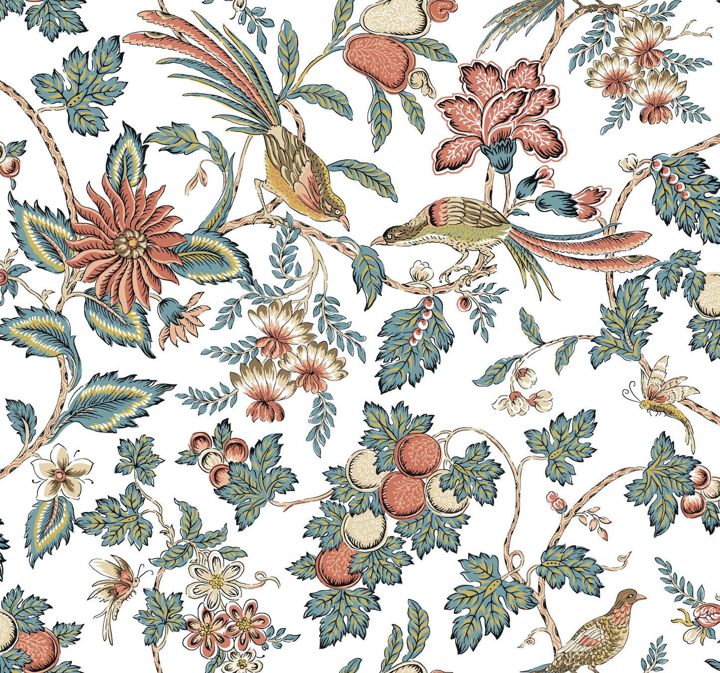 York Wallcoverings Antonina Vella Parterre Coral Jacobean Wallpaper Animals Traditional Cornflower & Ginger  Wallpaper - VP1316